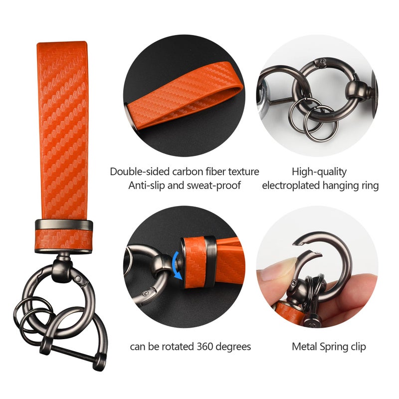 Turcee Carbon Fiber Car Keychain Automotive Interior Accessories Keychains Leather Car Key Fob Car Accessories Key Ring&Anti-Lost D-Ring(Orange) - Image 4